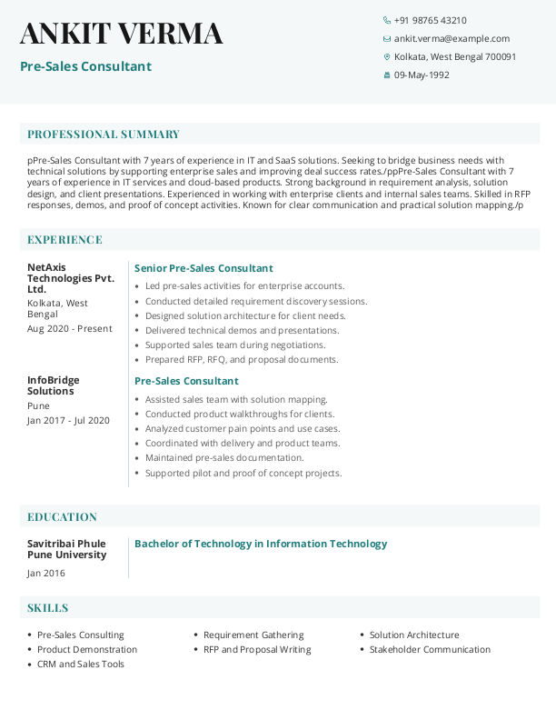 Free Pre-Sales Consultant Resume format to Download & Edit in Word