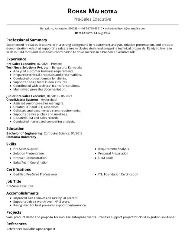 Free Pre-Sales Executive Resume format to Download & Edit in Word