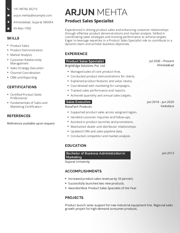 Free Product Sales Specialist Resume format to Download & Edit in Word
