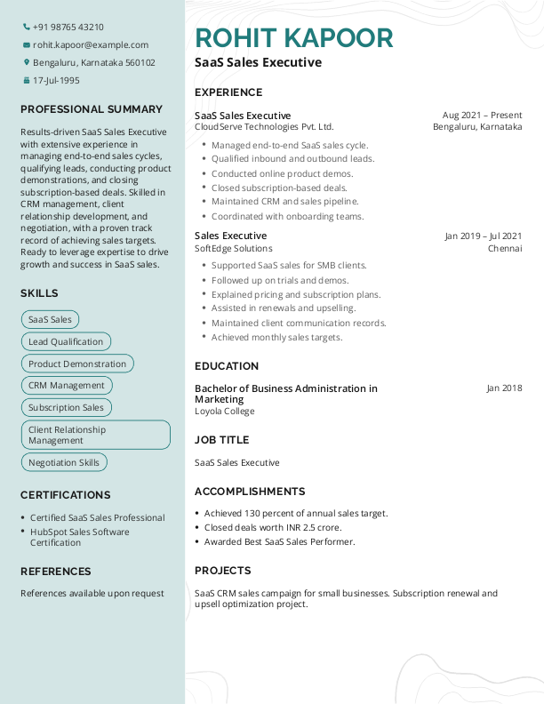 Free SaaS Sales Executive Resume format to Download & Edit in Word