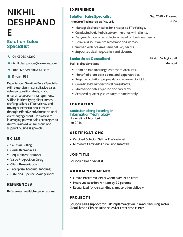 Free Solution Sales Specialist Resume format to Download & Edit in Word