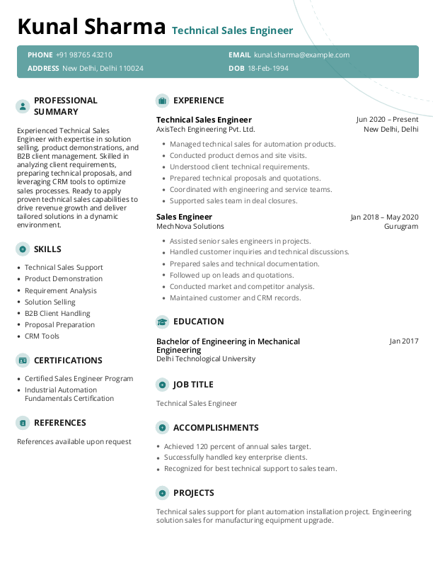 Free Technical Sales Engineer Resume format to Download & Edit in Word