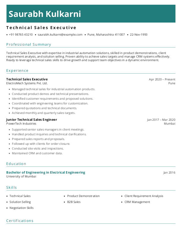 Free Technical Sales Executive Resume format to Download & Edit in Word