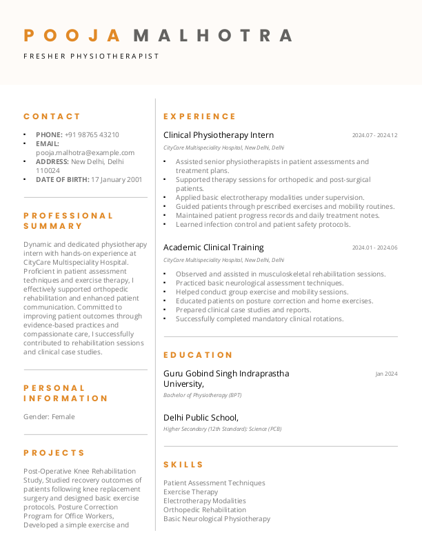Fresher Physiotherapist Resume Format Free Download in Word
