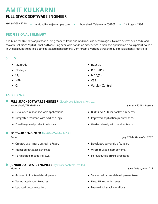 Fullstack software engineer Resume Format Free Download in Word