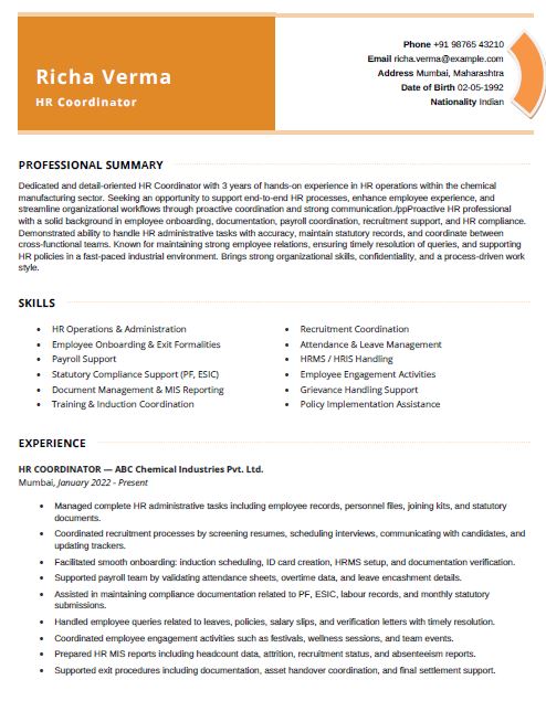 HR Coordinator Resume Format Free Download in Word