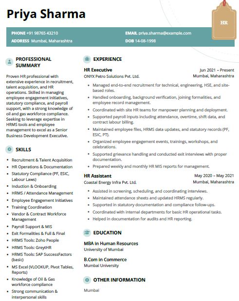 HR Executive Resume Format Free Download in Word
