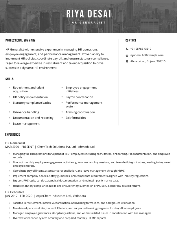 HR Generalist Resume Format & Template in Word