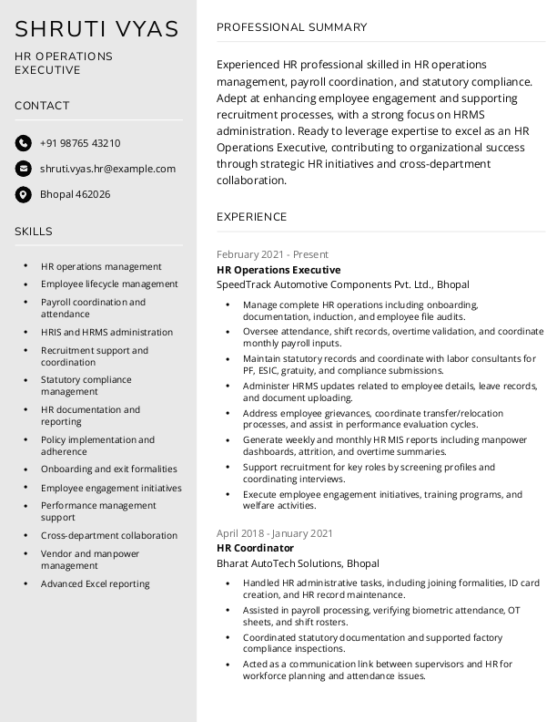 HR Operations executive Resume Format & Template in Word