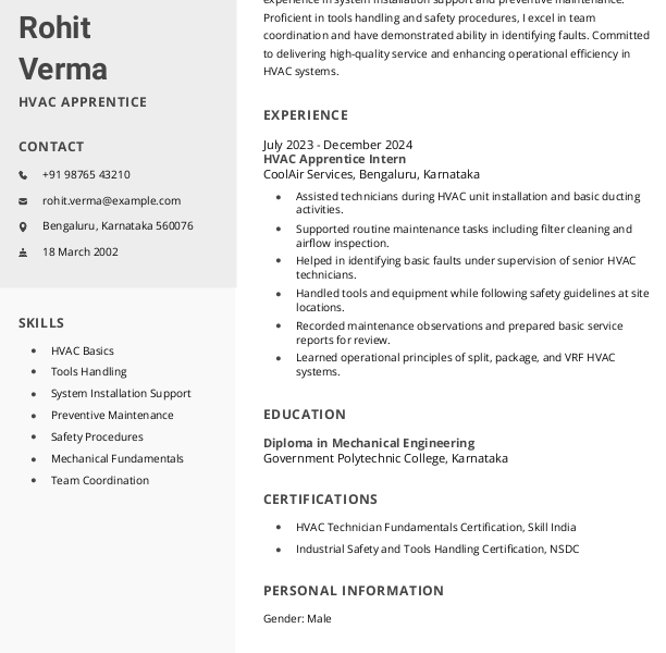 HVAC Apprentice Resume example to Download & Edit in Word
