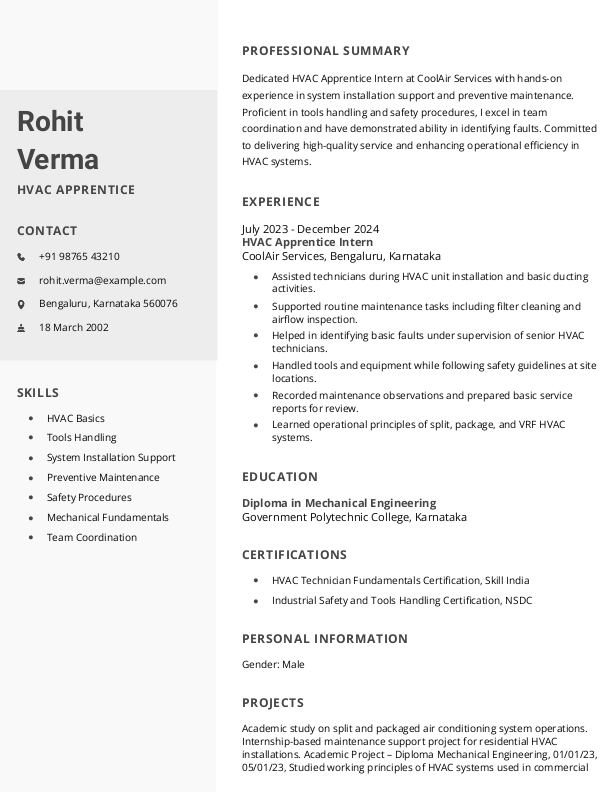 HVAC Apprentice Resume example to Download & Edit in Word
