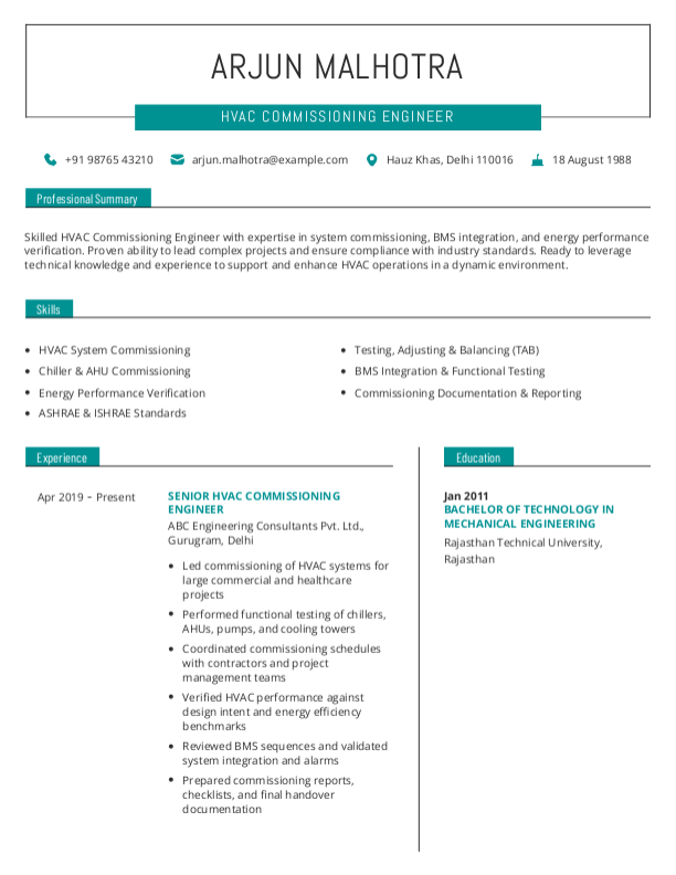 HVAC Commissioning Engineer Resume example to Download & Edit in Word