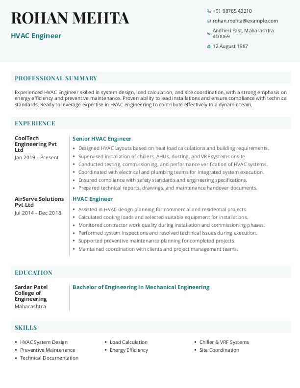 HVAC Engineer Resume Example to Download & Edit in Word
