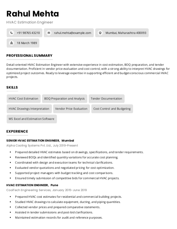HVAC Estimation Engineer Resume example to Download & Edit in Word