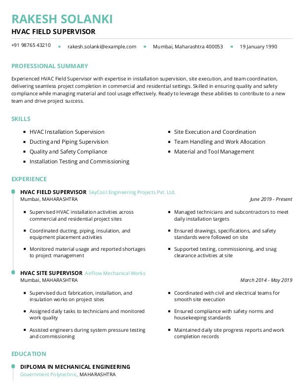HVAC Field Supervisor Resume example to Download & Edit in Word