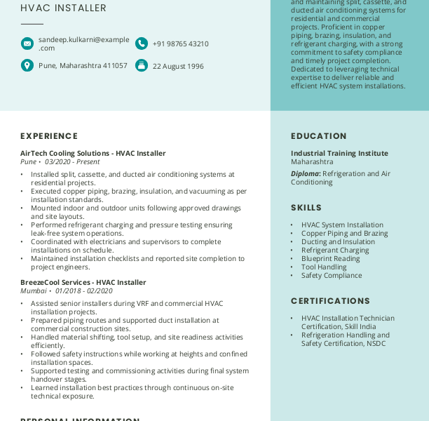 HVAC Installer Resume example to Download & Edit in Word
