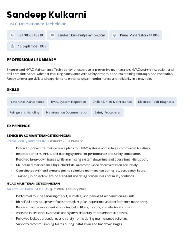 HVAC Maintenance Technician Resume Example to Download & Edit in Word