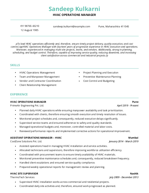 HVAC Operations manager Resume example to Download & Edit in Word