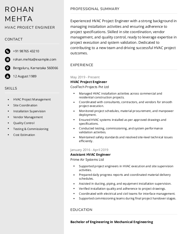 HVAC Project Engineer Resume Example to Download & Edit in Word
