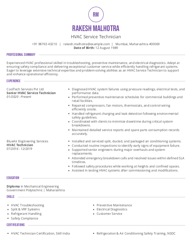 HVAC Service Technician Resume example to Download & Edit in Word