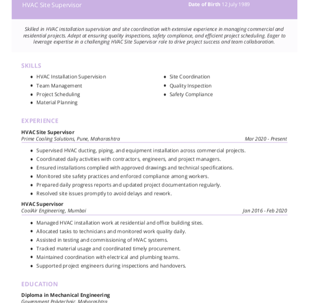 HVAC Site Supervisor Resume example to Download & Edit in Word