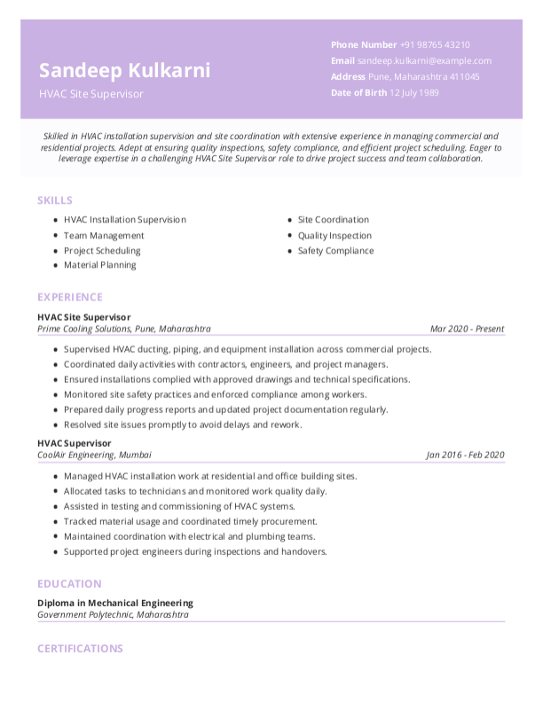 HVAC Site Supervisor Resume example to Download & Edit in Word