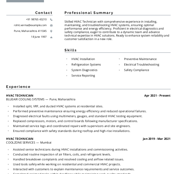 HVAC Technician Resume example to Download & Edit in Word