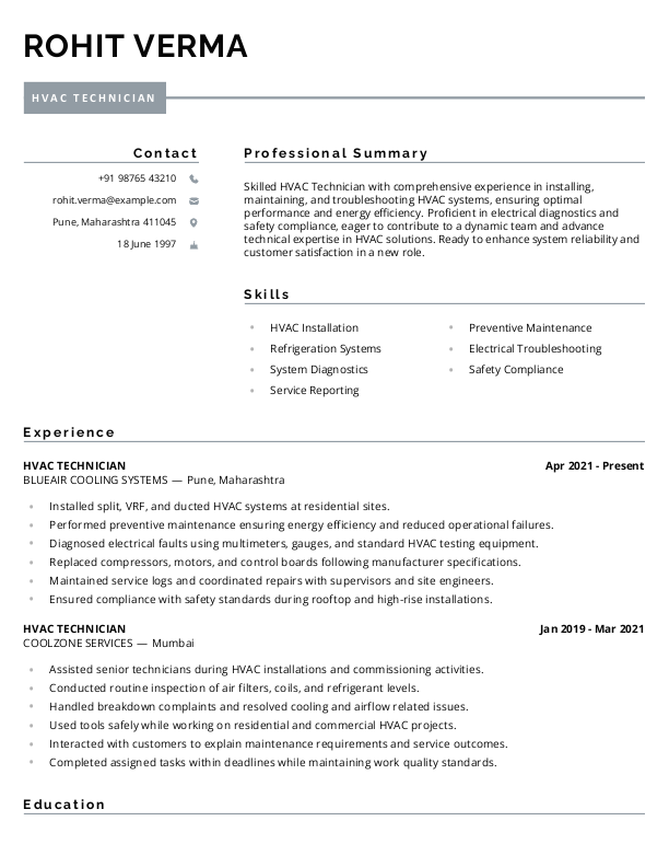 HVAC Technician Resume example to Download & Edit in Word