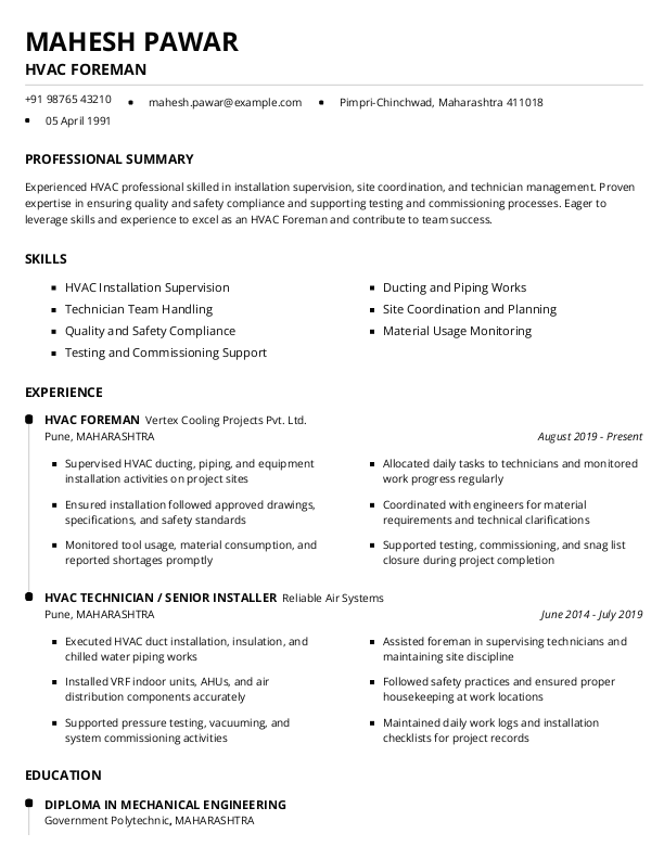 HVAC foreman Resume example to Download & Edit in Word