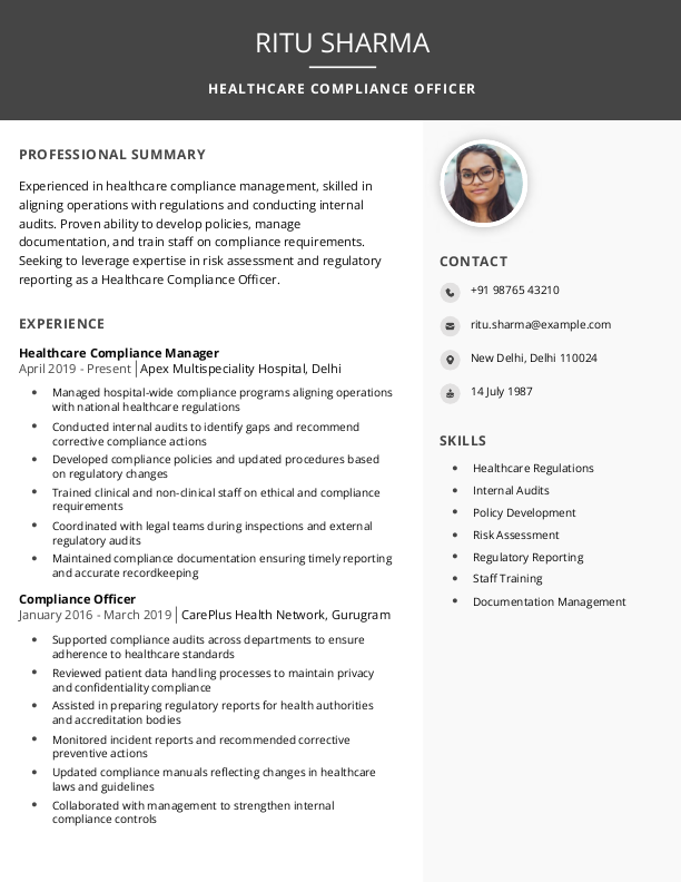Healthcare Compliance Manager Resume format to Download & Edit in Word