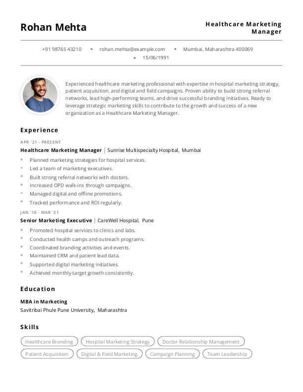 Healthcare Marketing Manager Resume format to Download & Edit in Word