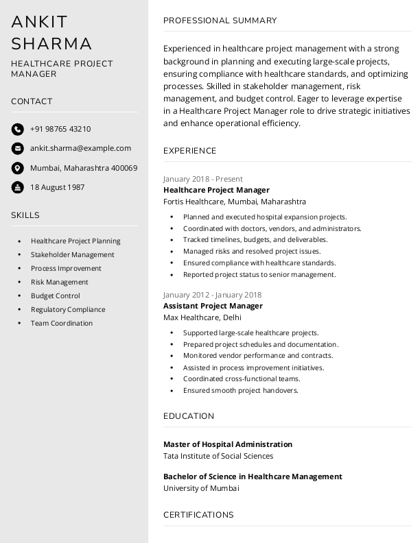 Healthcare Project Manager Resume format to Download & Edit in Word