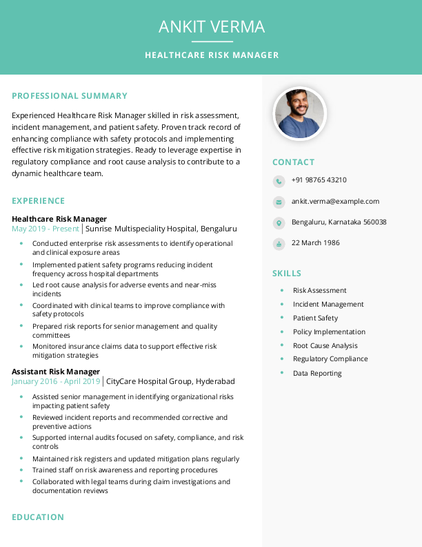 Healthcare Risk Manager Resume format to Download & Edit in Word
