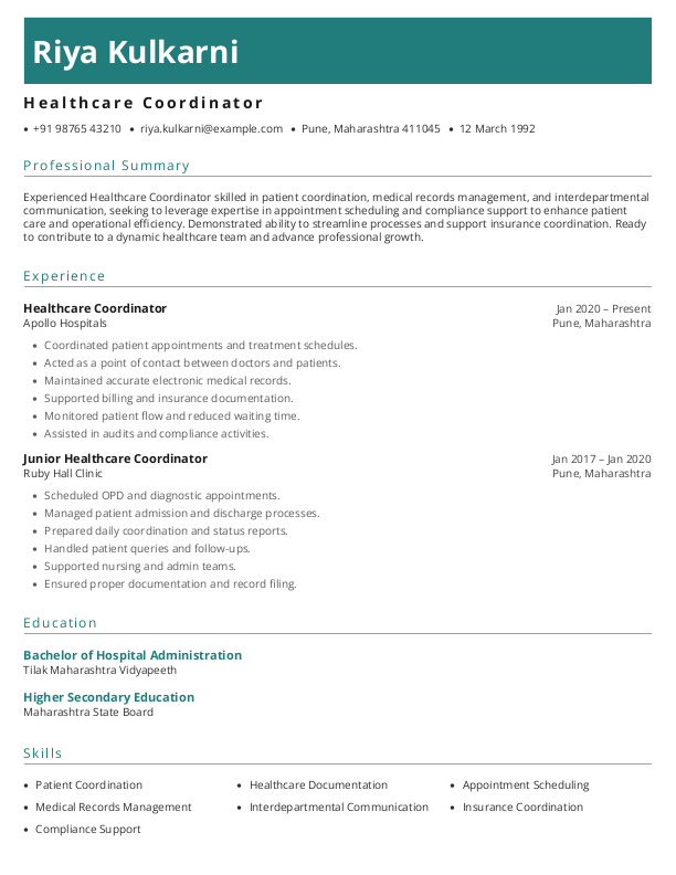Healthcare coordinator Resume format to Download & Edit in Word