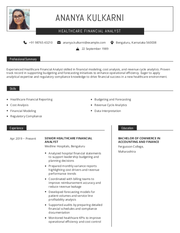 Healthcare financial Analyst Resume format to Download & Edit in Word