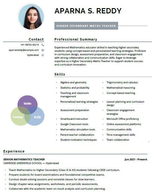 Higher Secondary Teacher Resume Format Free Download in Word