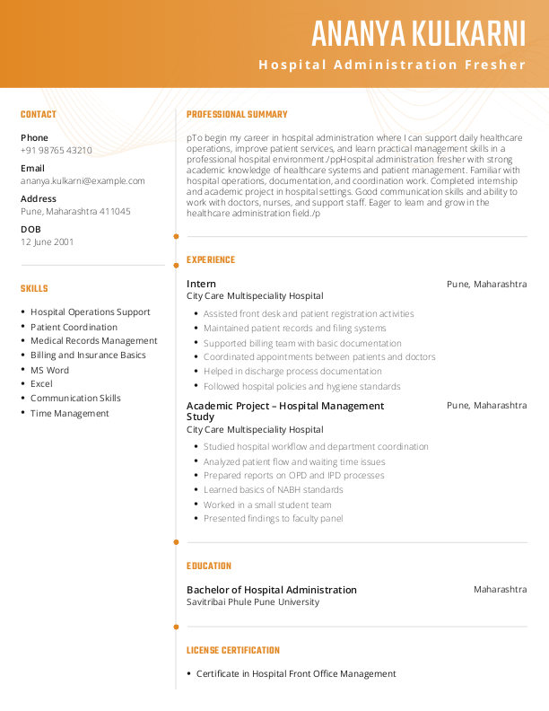 Hospital Administration fresher Resume Format Free Download in Word