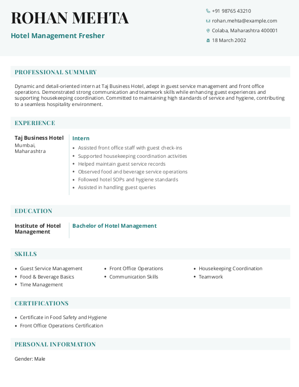 Hotel Management Fresher Resume Format Free Download in Word