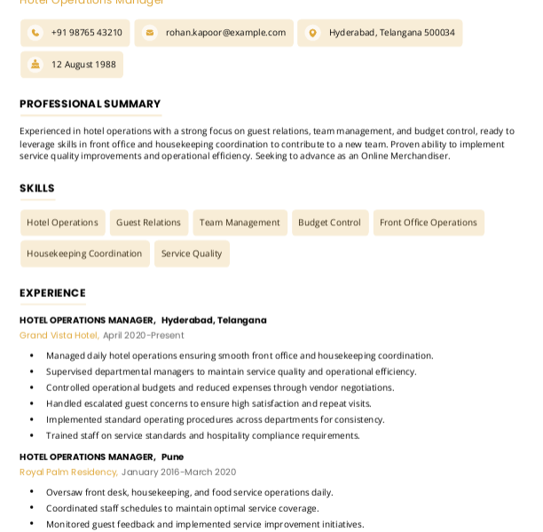 Hotel Operations Manager Resume example to Download & Edit in Word