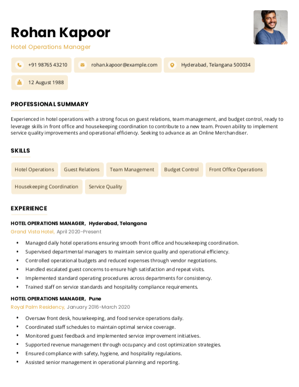 Hotel Operations Manager Resume example to Download & Edit in Word