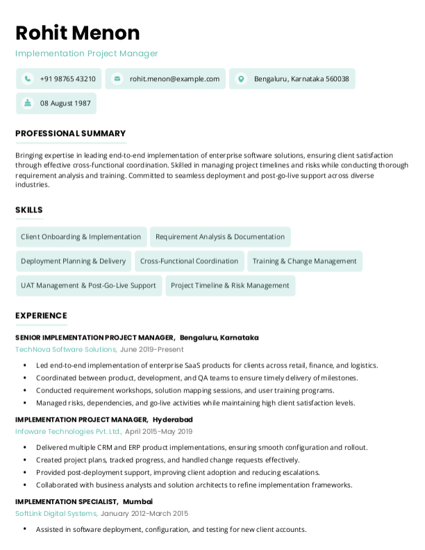 Implementation Project Manager Resume Format and Template in Word