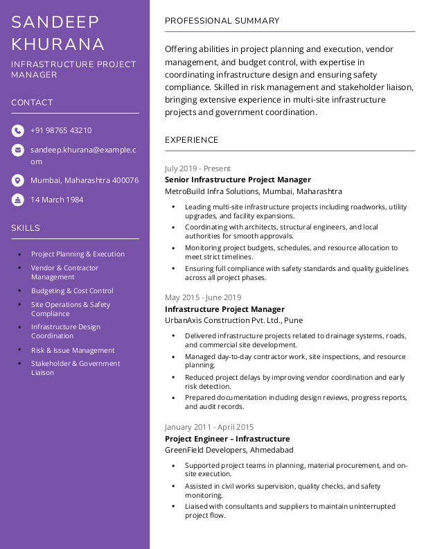 Infrastructure Project Manager Resume Format and Template in Word
