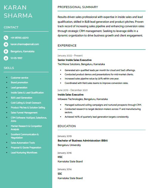 Inside Sales Representative Resume Format Free Download in Word