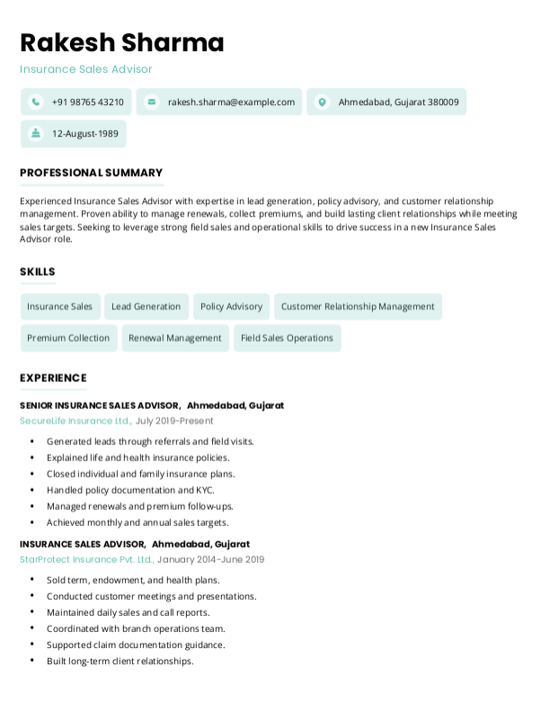 Insurance Sales Advisor Resume format to Download & Edit in Word