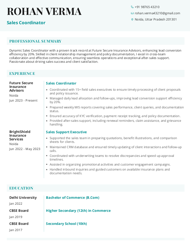 Insurance Sales Coordinator Resume Format and Template in Word