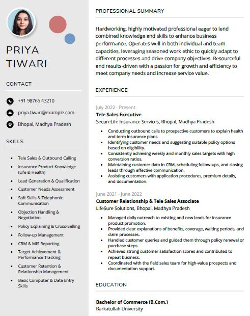 Insurance TeleSales Executive Resume Format Free Download in Word
