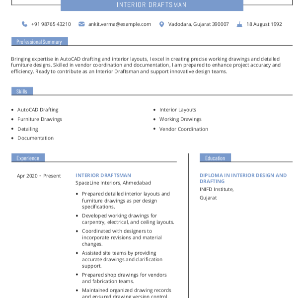 Interior Draftsman Resume example to Download & Edit in Word