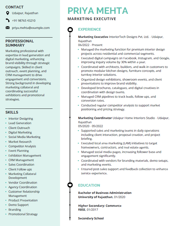 Interior designing Marketing Executive resume template and sample in Word