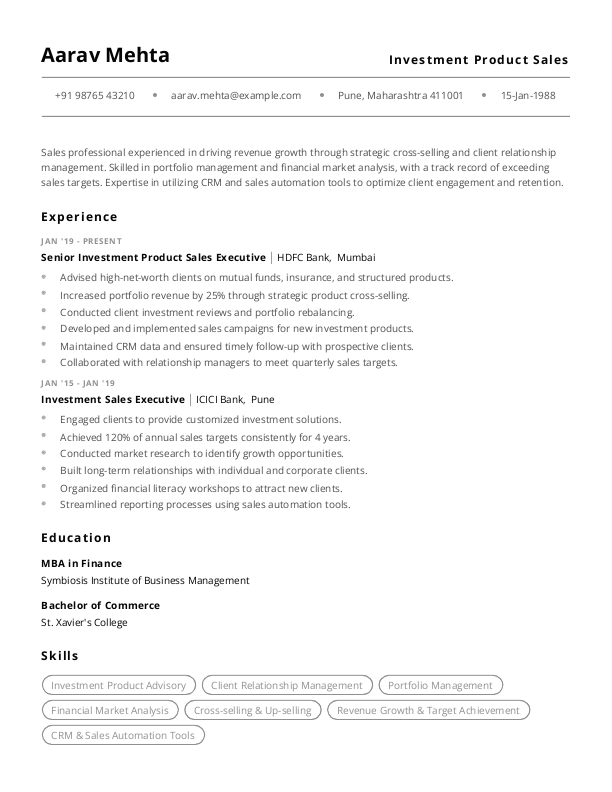 Investment Product Sales Resume format to Download & Edit in Word