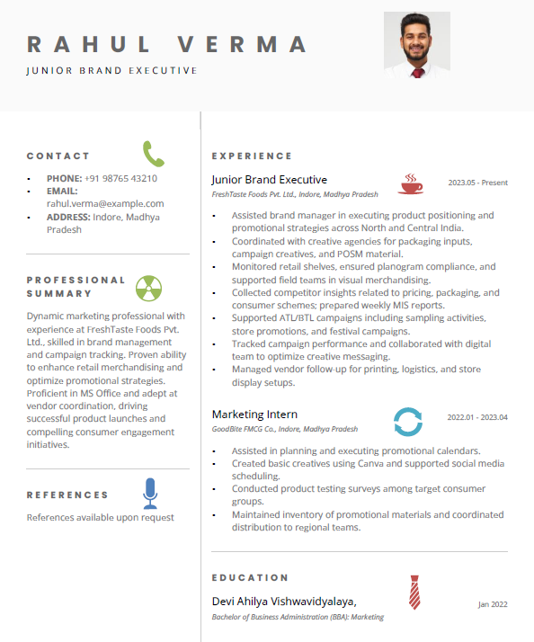 Junior Brand Executive resume template for fmcg industry